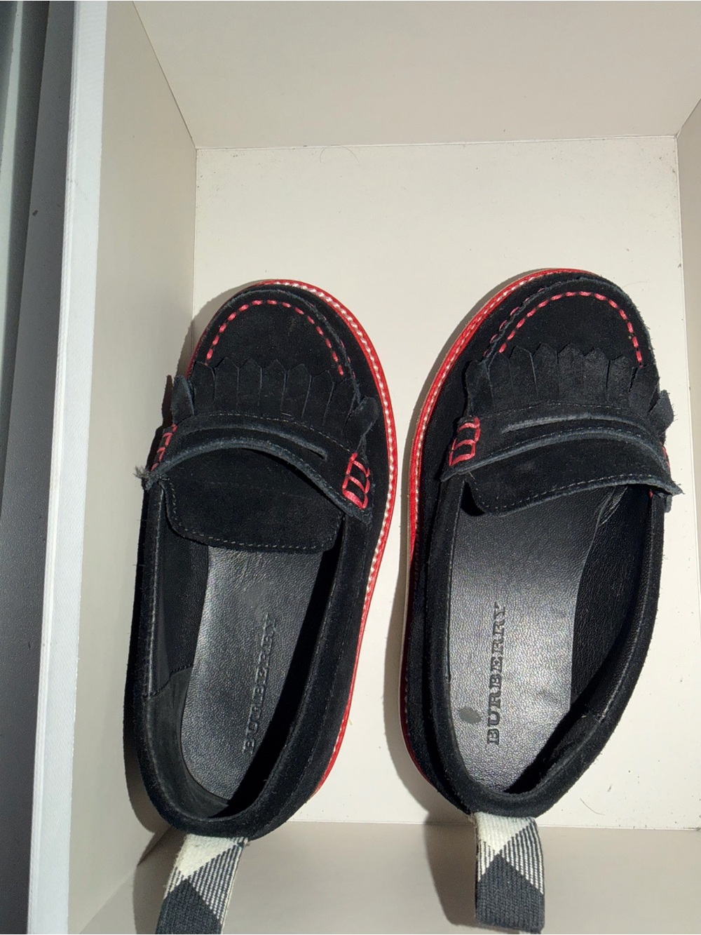 Burberry Kids Black Suede Moccasins with Red Trim